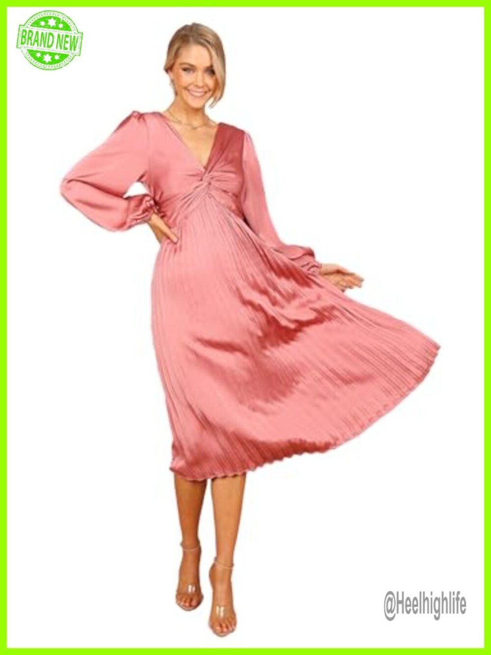 Petal & Pup Noelle Twist Front Pleated Midi Dress Long Sleeve Cocktail